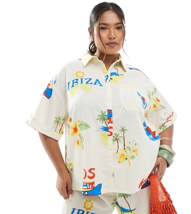 Pieces Curve boxy fit shirt co-ord in cream based conversational print