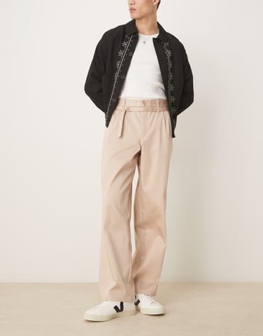 ASOS DESIGN smart wide leg belted trousers in beige