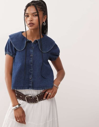 Reclaimed Vintage puffball sleeve peter pan collar blouse in denim