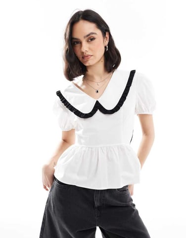 ASOS DESIGN tie back shirt with ruffle collar detail in white and black