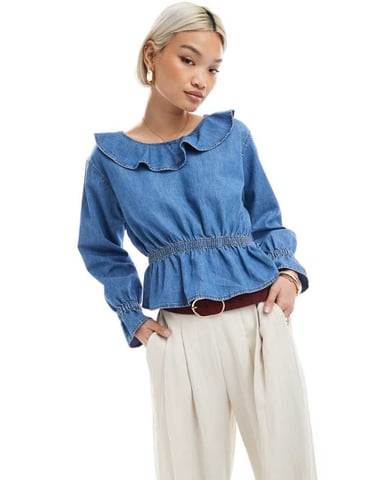 Miss Selfridge chambray ruffle peplum top in mid wash