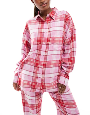 Cotton On relaxed flannel pyjama shirt in pink red check