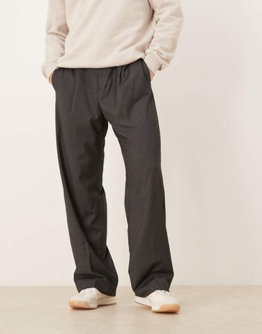 ASOS DESIGN smart wide leg trousers with front pleat in charcoal pinstripe with elasticated waist