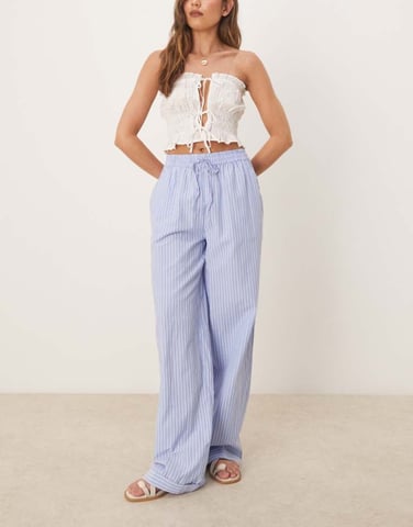Vila highwaist wide leg stripe dad pant with turn up cuff in blue