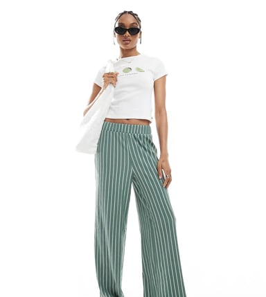 ONLY Tall wide leg textured trouser in green stripe