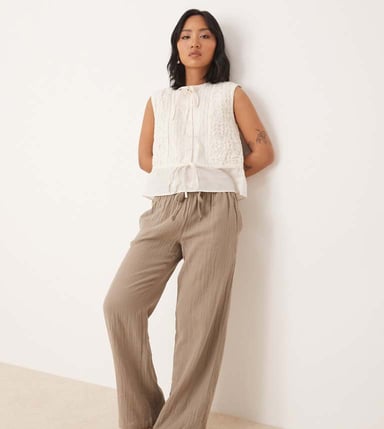 JDY Petite wide leg cheesecloth trousers in brown