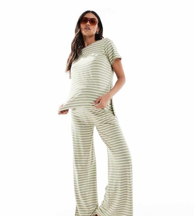 Mamalicious Maternity wide leg jersey trouser co-ord in khaki stripe