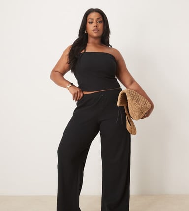 ASOS DESIGN curve wide leg waffle trouser in black