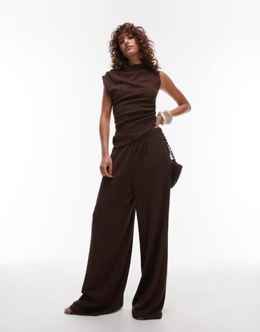 Topshop textured wide leg trousers co-ord in chocolate brown