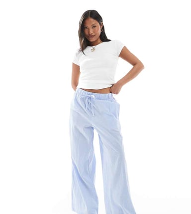 ONLY Petite wide leg trousers in blue stripes