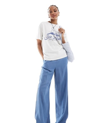 Vero Moda Tall fluid wide leg trousers in blue chambray