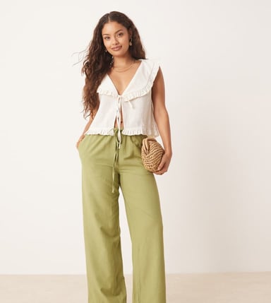 Vila Petite linen touch tie waist wide leg trouser in sage green