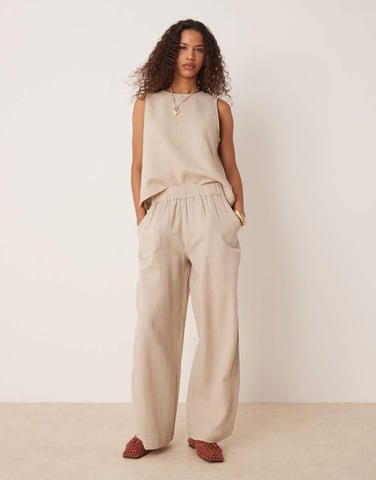 Vila crinkle wide leg trouser co-ord in beige