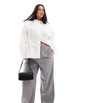 ONLY Curve tie waist wide leg trousers in light grey