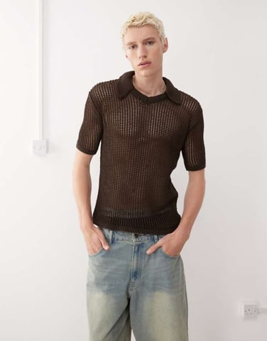 Reclaimed Vintage open stitch knitted polo shirt in chocolate brown