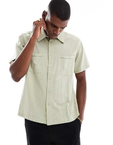 ONLY & SONS short sleeve textured resort collar shirt in sage