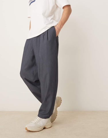 ASOS DESIGN oversized tapered smart trousers in pinstripe in navy