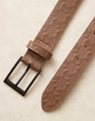 ASOS DESIGN embossed checkerboard belt in brown faux leather