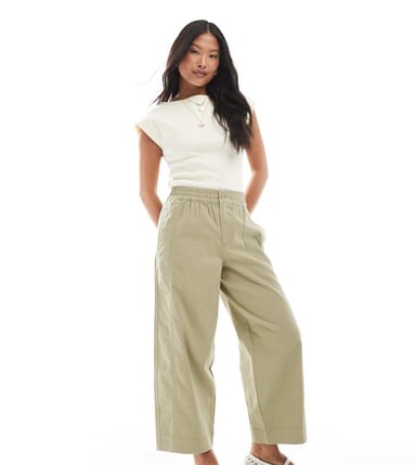 ASOS DESIGN Petite laundered barrel pull on trousers in khaki