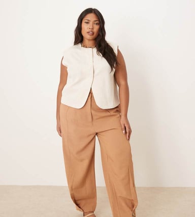 ASOS DESIGN Curve tailored linen trousers with multi way tab hem in tan