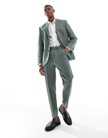 ASOS DESIGN tapered fit wool mix suit trousers in bottle green tweed