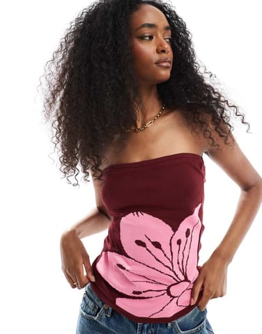 ASOS DESIGN knitted bandeau top with oversized flower in pink