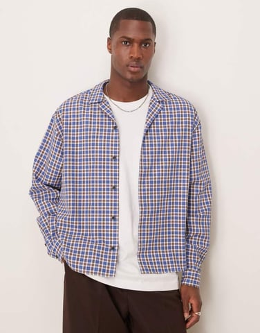 ASOS DESIGN oversized boxy kavajskjorta i blå rutigt