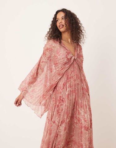 ASOS DESIGN pleated chiffon twist front maxi dress in ditsy print