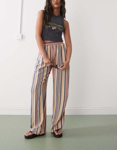 Reclaimed Vintage linen look pull on trouser in stripe