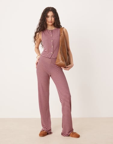 ASOS DESIGN knitted wide leg trouser co-ord in pink and burgundy stripe
