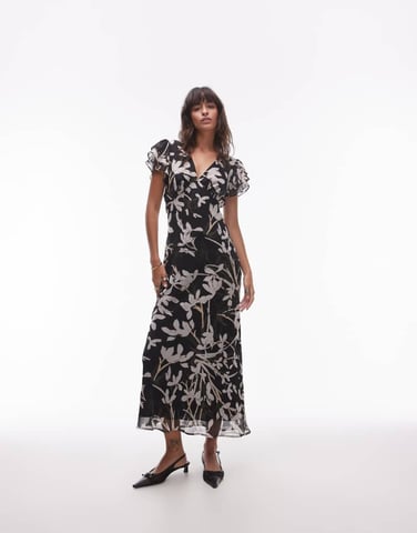 Topshop flutter sleeve midi dress in mono floral