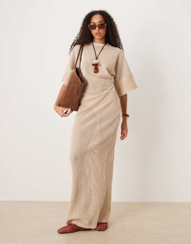 ASOS DESIGN crochet t shirt tuck midi dress in stone