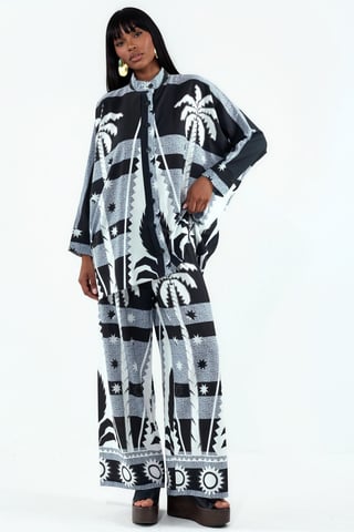 Geometric Knit Shirt And Wide-Leg Pants Set