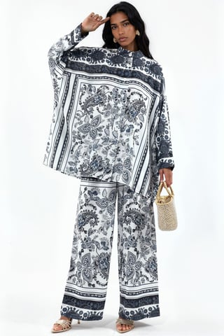 Patterned V-Neck Blouse And Wide-Leg Trousers Set