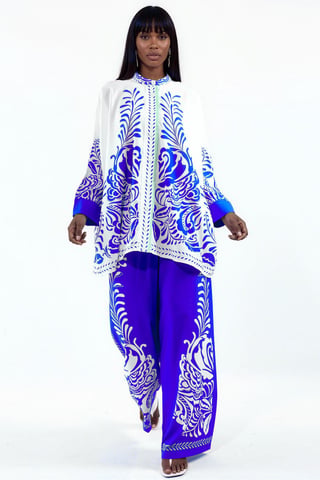Patterned V-Neck Blouse And Wide-Leg Trousers Set
