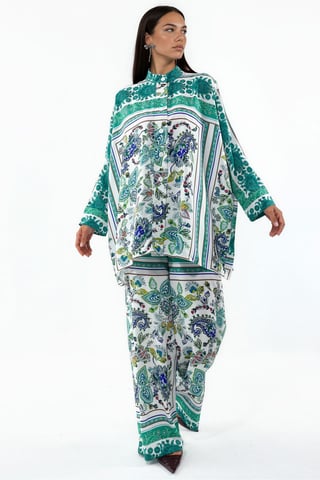 Patterned V-Neck Blouse And Wide-Leg Trousers Set