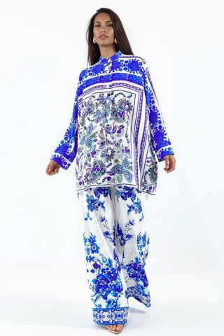 Patterned V-Neck Blouse And Wide-Leg Trousers Set