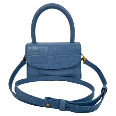 By Far Crocodile-Embossed Mini Top Handle Bag in Light Blue Leather