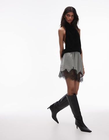 Topshop velvet mini skirt in silver sage with black lace trim