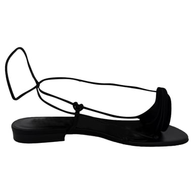 Magda Butrym Floral Applique Flat Sandals in Black Leather