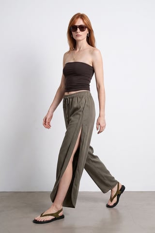 Women's Tencel Wide-Leg Crepe Trousers With Slit