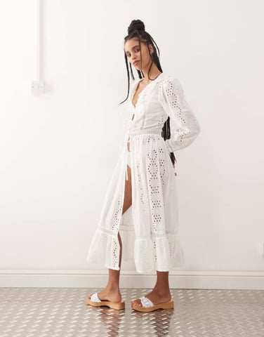 Reclaimed Vintage tie front beach cover up in white broderie