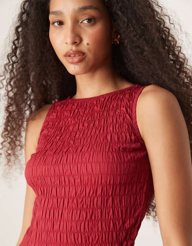 Glamorous shirred ruffle top in deep red co-ord
