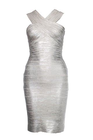 Herve Leger by Max Azria, silver off shoulder body con dress