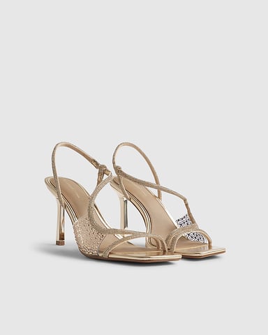 River Island Womens Sandals Gold Perspex Diamante Heeled Shoes