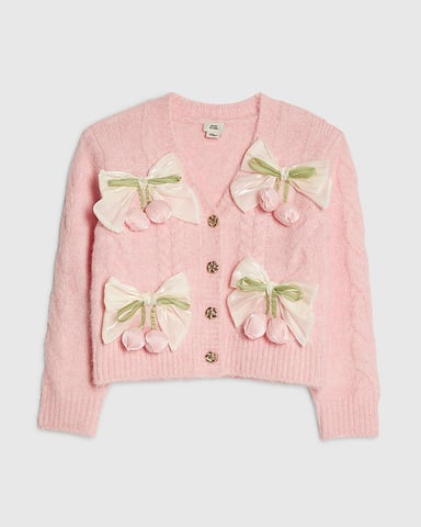 River Island Girls Cardigan Pink Bow Flower Long Sleeve