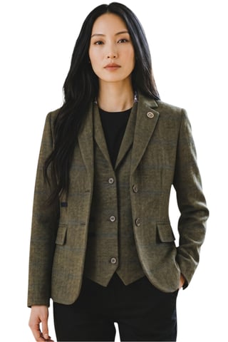 Dames olijfgroen 2-delig geruit formele tweed blazer en gilet - TPSTZ-7