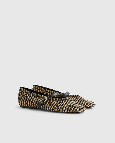River Island Womens Pumps Black Raffia Mary Jane Flat Heels Shoes