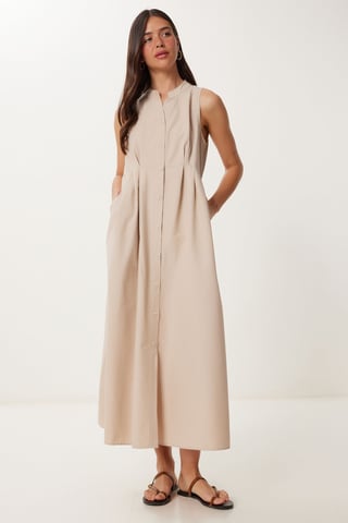 Mandarin Collar Sleeveless A-Line Midi Dress