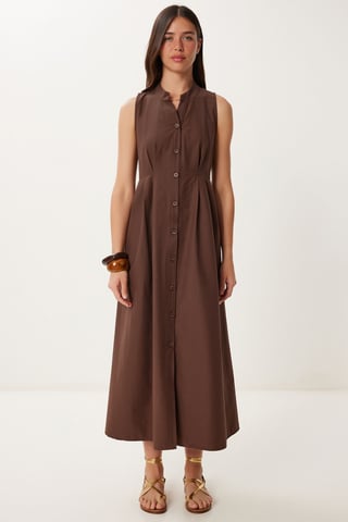 Mandarin Collar Sleeveless A-Line Midi Dress
